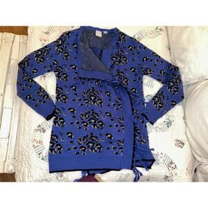 BOHO BLUE ANIMAL PRINT LEOPARD FRINGED CARDIGAN SWEATER S/M